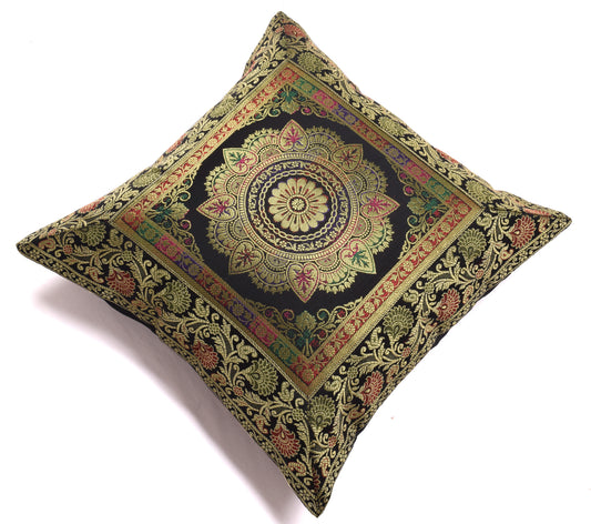 16x16 Inch Indian Woven Zari Brocade Banarasi Silk Mandala Cushion Covers Black