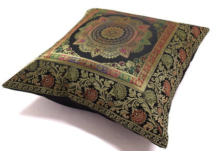 16x16 Inch Indian Woven Zari Brocade Banarasi Silk Mandala Cushion Covers Black