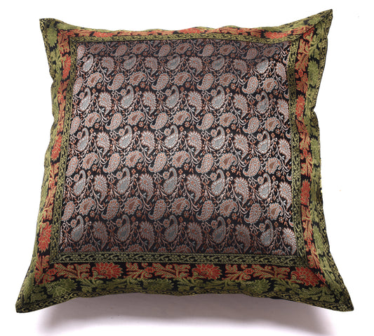 16x16 Inch Indian Woven Zari Brocade Banarasi Silk Paisley Cushion Covers Black