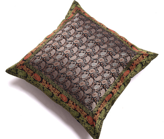 16x16 Inch Indian Woven Zari Brocade Banarasi Silk Paisley Cushion Covers Black
