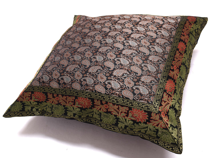 16x16 Inch Indian Woven Zari Brocade Banarasi Silk Paisley Cushion Covers Black