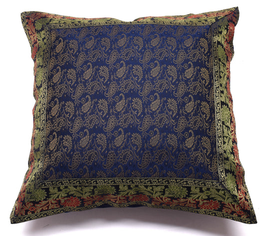 16x16 Inch Indian Woven Zari Brocade Banarasi Silk Paisley Cushion Covers Blue