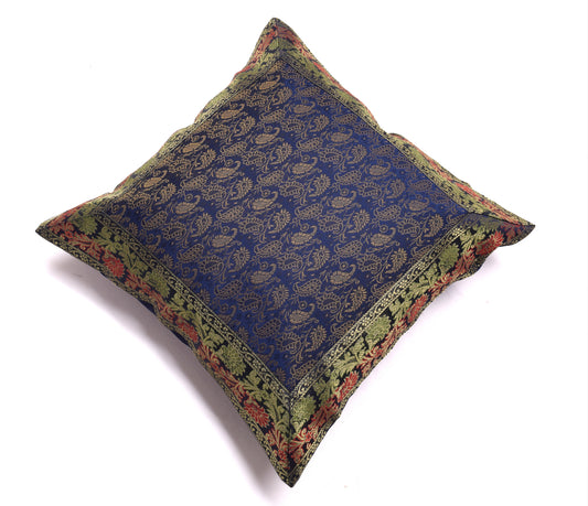 16x16 Inch Indian Woven Zari Brocade Banarasi Silk Paisley Cushion Covers Blue