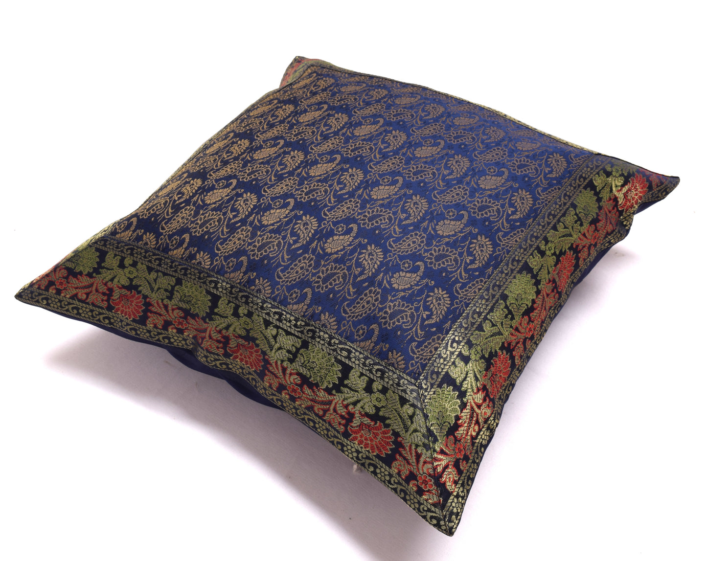 16x16 Inch Indian Woven Zari Brocade Banarasi Silk Paisley Cushion Covers Blue