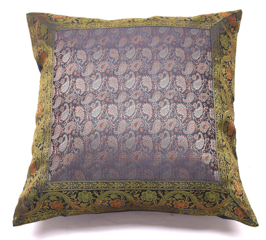 16x16 Inch Indian Woven Zari Brocade Banarasi Silk Pailsey Cushion Covers Gray