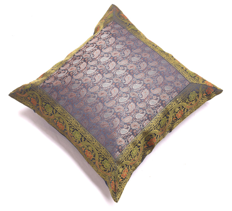 16x16 Inch Indian Woven Zari Brocade Banarasi Silk Pailsey Cushion Covers Gray