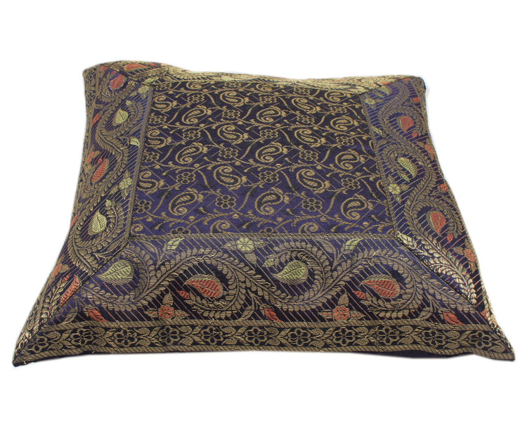 12 x 12 Inch Indian Woven Zari Brocade Banarasi Silk Paisley Cushion Covers Blue