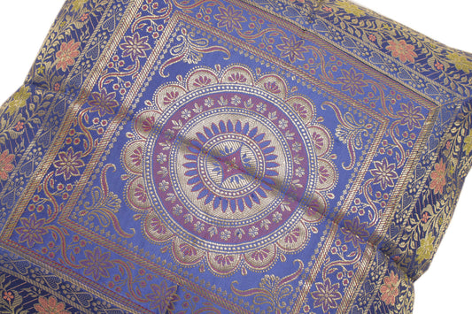 16x16 Inch Indian Woven Zari Brocade Banarasi Silk Mandala Cushion Cover Blue