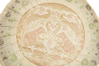 16x16 Inch Indian Woven Zari Brocade Banarasi Silk Cushion Elephant Cover White