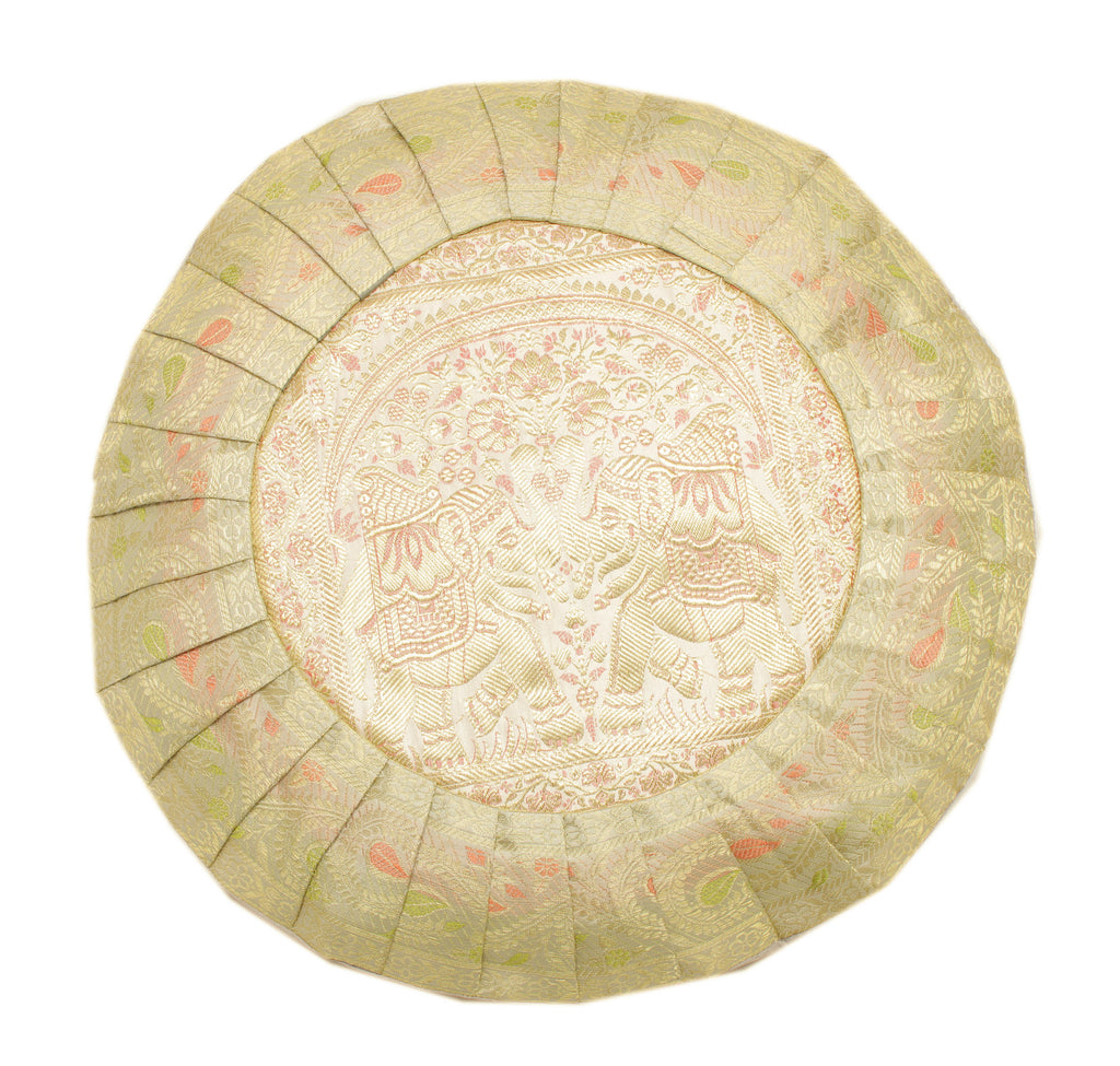 16x16 Inch Indian Woven Zari Brocade Banarasi Silk Cushion Elephant Cover White