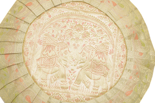 16x16 Inch Indian Woven Zari Brocade Banarasi Silk Cushion Elephant Cover White