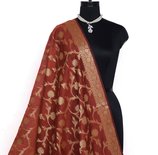 Rust Banarasi Dupatta Indian Art Silk Woven Resham Brocade Long Stole Scarves