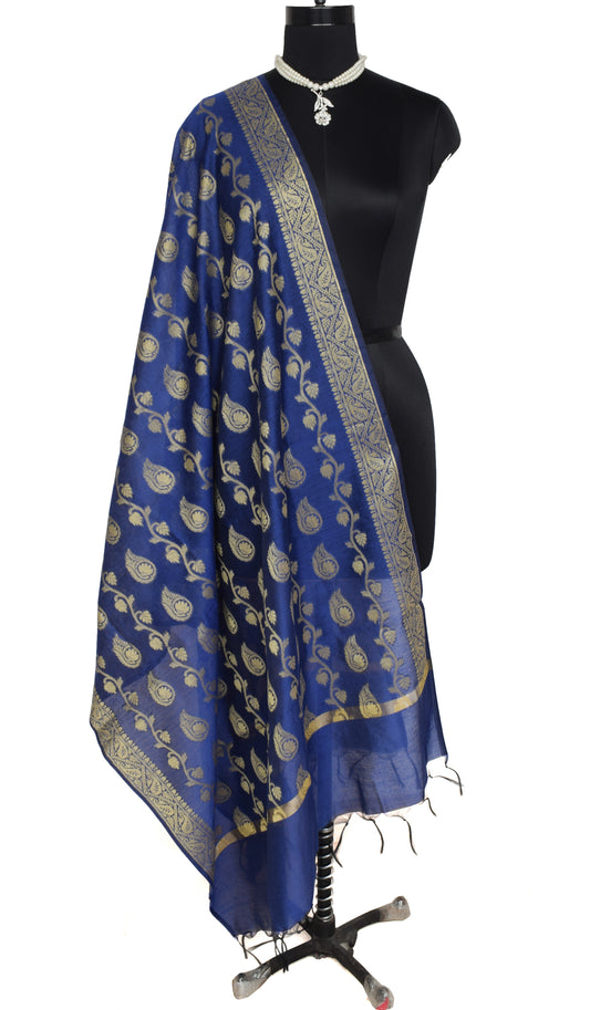 Blue Banarasi Dupatta Indian Art Silk Woven Resham Brocade Long Stole Scarves