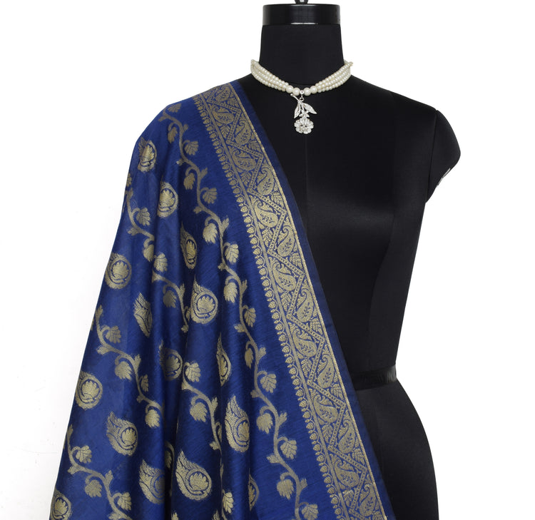 Blue Banarasi Dupatta Indian Art Silk Woven Resham Brocade Long Stole Scarves