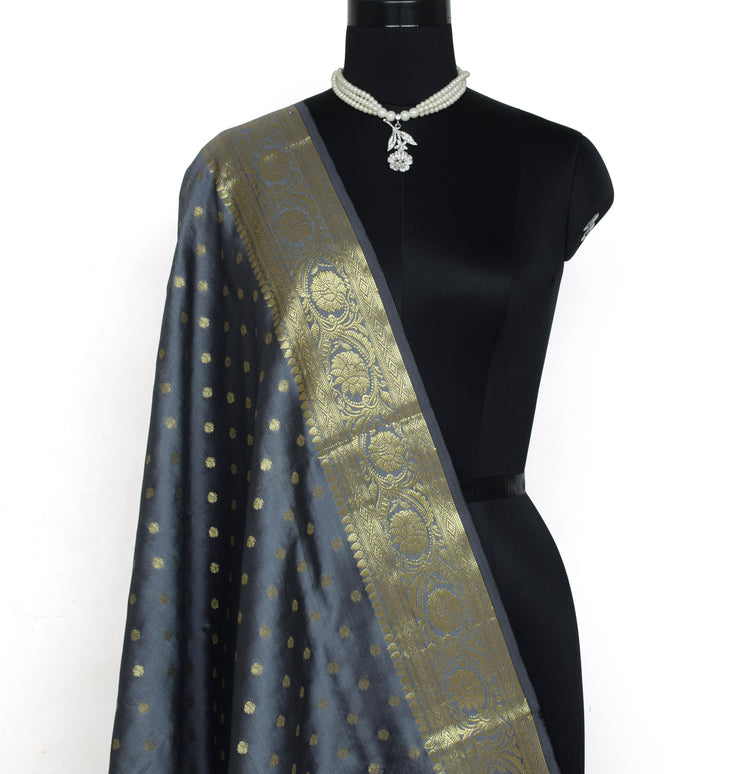 Gray Banarasi Dupatta Indian Art Silk Woven Zari Brocade Long Stole Scarves