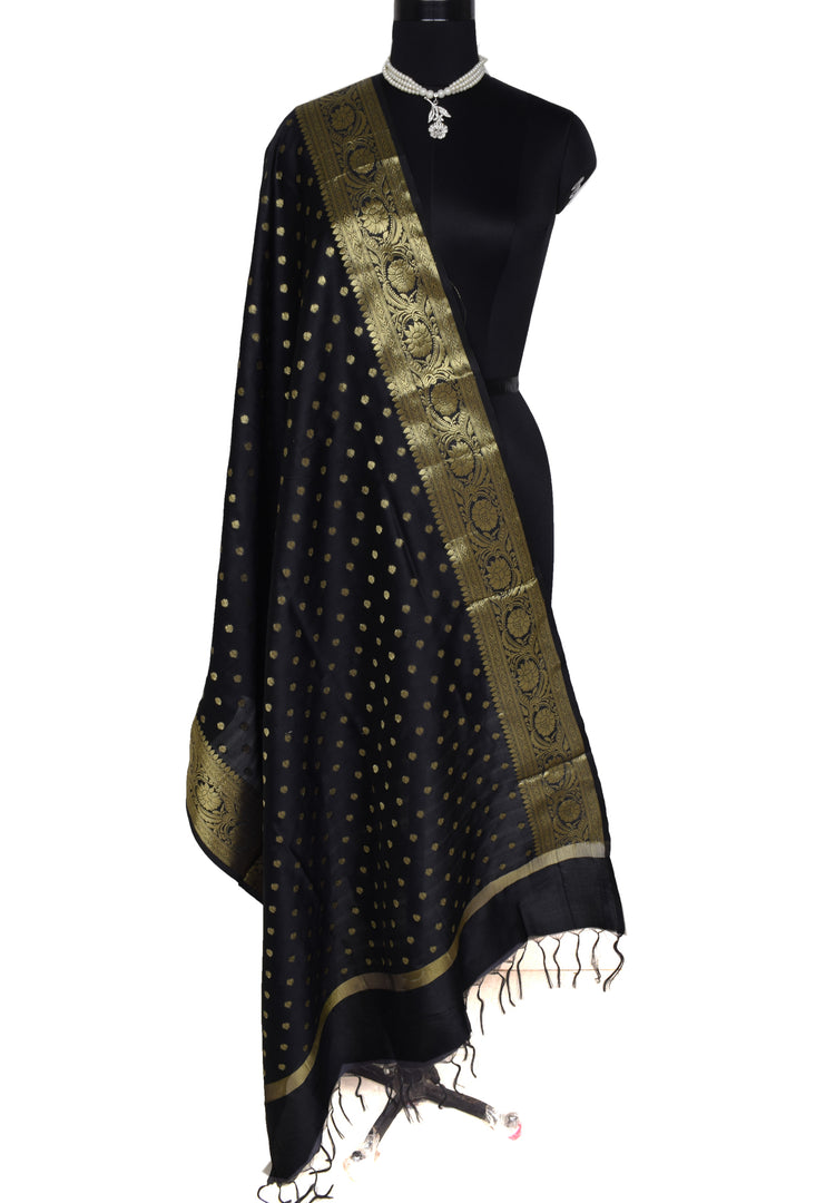 Black Banarasi Dupatta Indian Art Silk Woven Zari Brocade Long Stole Scarves