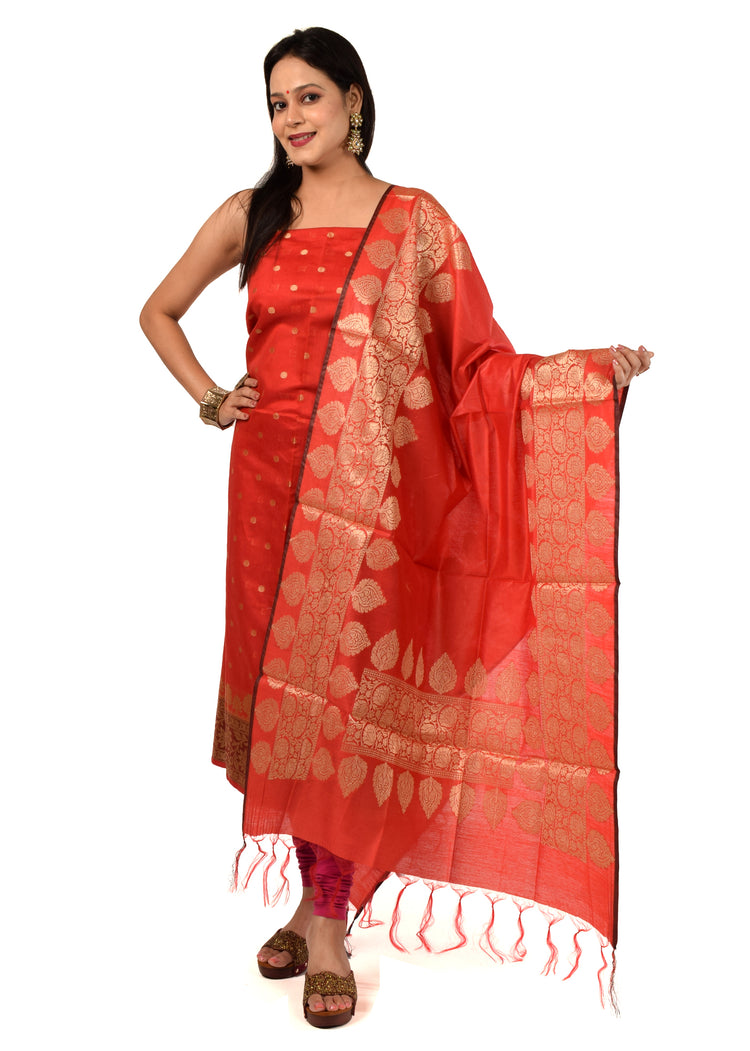 Banarasi Cotton Silk Dress Material Woven Salwar Kameez Dupatta Suit Set Red