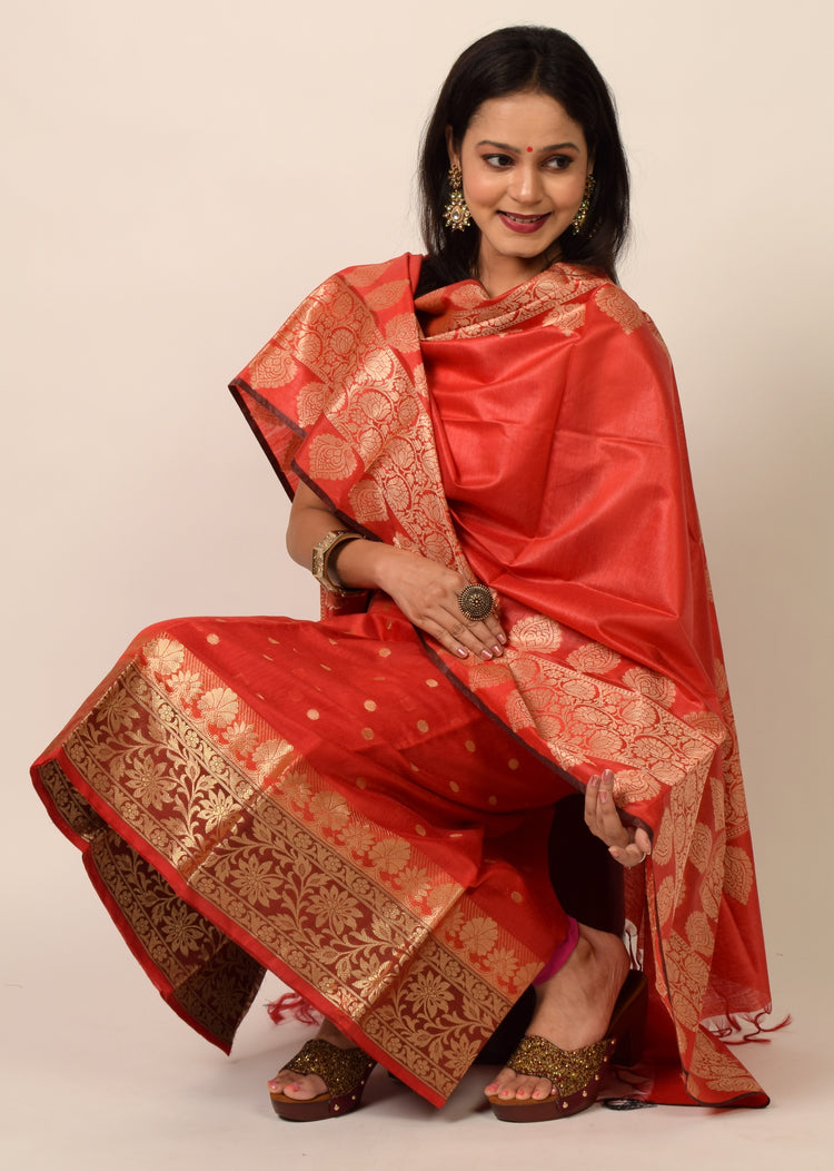 Banarasi Cotton Silk Dress Material Woven Salwar Kameez Dupatta Suit Set Red