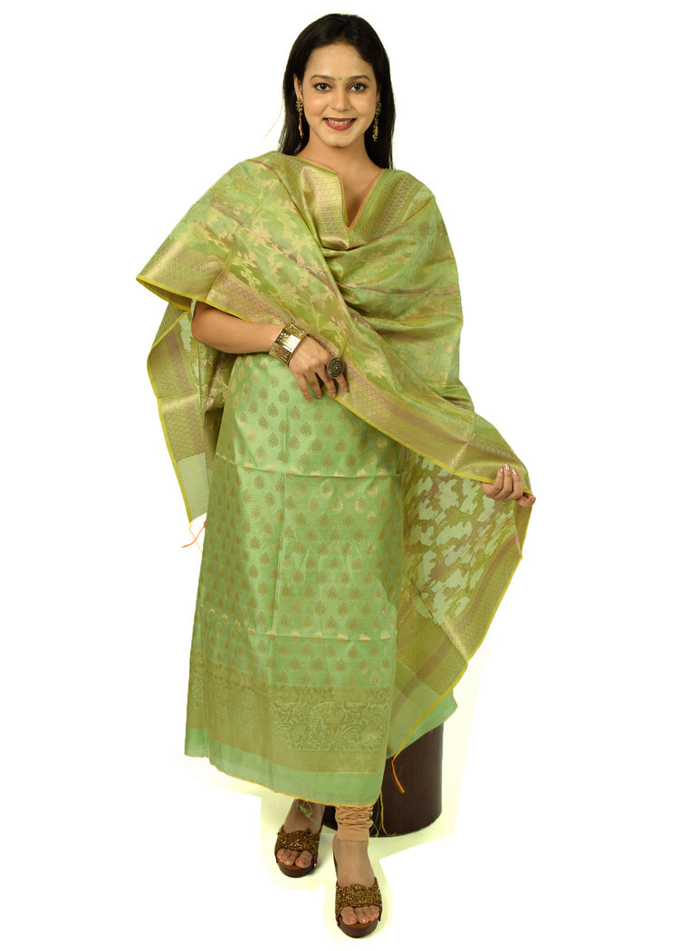 Banarasi Cotton Silk Dress Material Woven Salwar Kameez Dupatta Suit Set Green