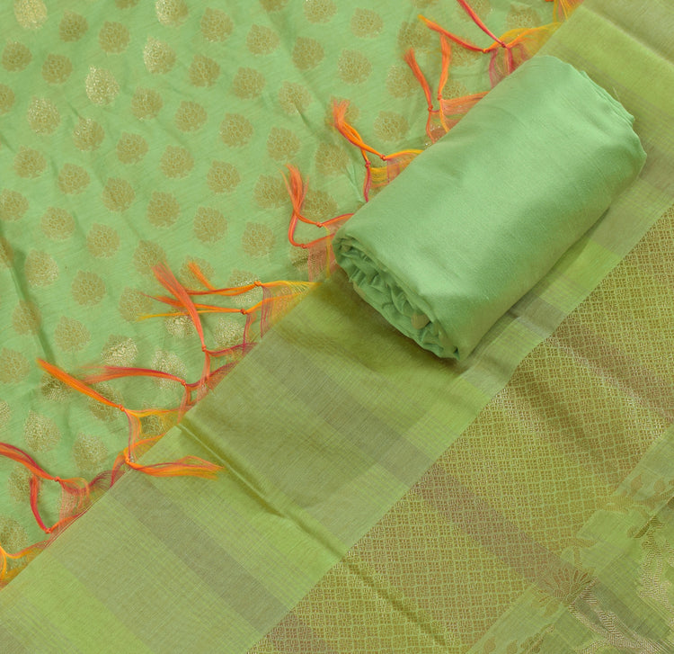 Banarasi Cotton Silk Dress Material Woven Salwar Kameez Dupatta Suit Set Green