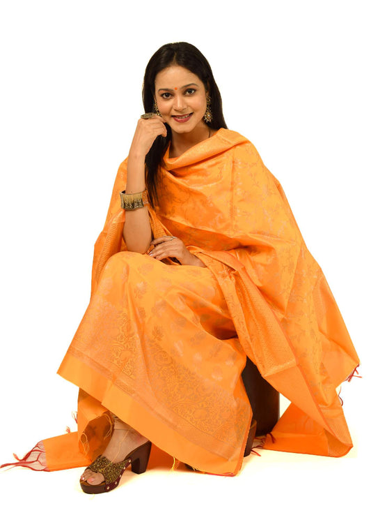 Banarasi Cotton Silk Dress Material Woven Salwar Kameez Dupatta Suit Set Yellow