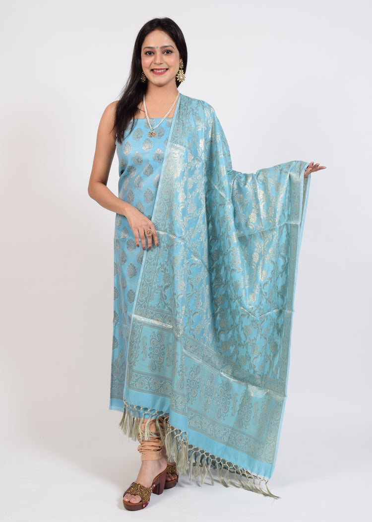 Banarasi Vastra Cotton Silk Dress Material Woven Salwar Kameez Dupatta Set Blue