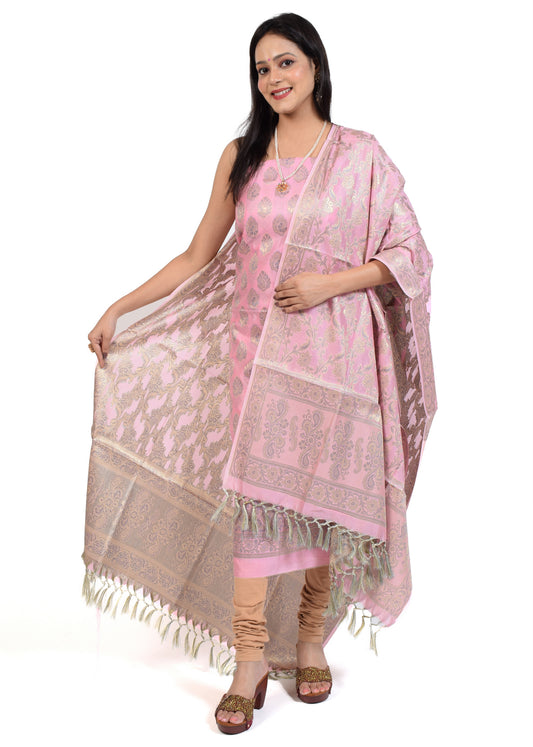 Banarasi Vastra Cotton Silk Dress Material Woven Salwar Kameez Dupatta Set Pink