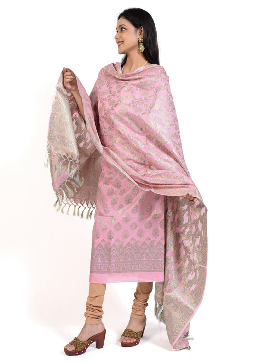 Banarasi Vastra Cotton Silk Dress Material Woven Salwar Kameez Dupatta Set Pink