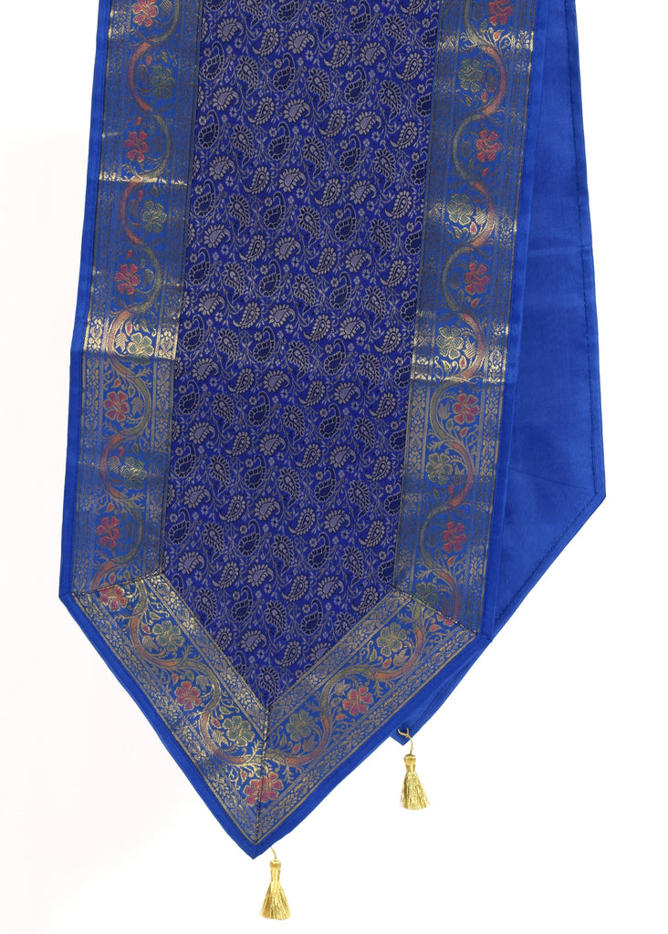 Blue Indian Table Runner Banarasi Silk Brocade Paisley Dining Home Decor Cloth
