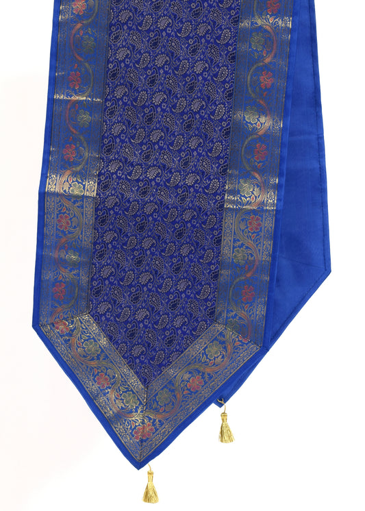 Blue Indian Table Runner Banarasi Silk Brocade Paisley Dining Home Decor Cloth