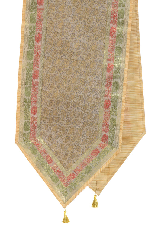 Gray Cream Table Runner Dining Decor Indian Banarasi Silk Brocade Paisley Cloth