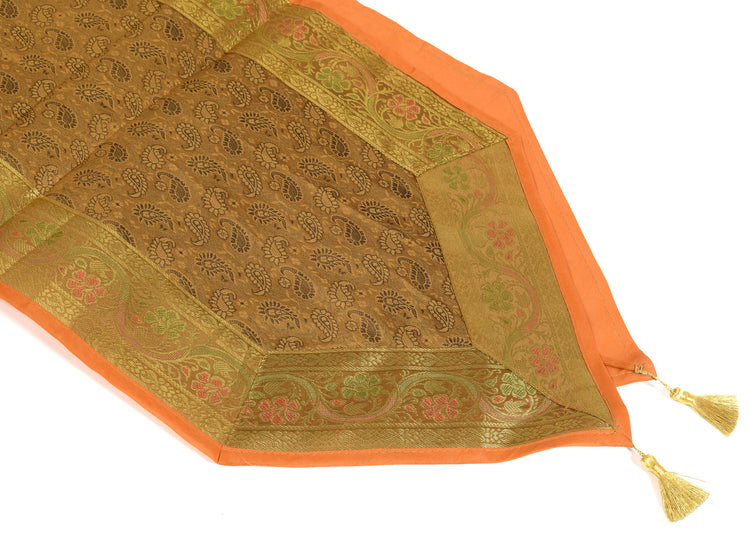 Mustard Indian Banarasi Silk Brocade Paisley Table Runner Dining Decor Cloth