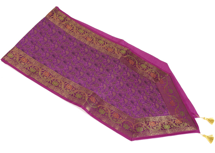 Purple Indian Banarasi Silk Brocade Paisley Table Runner Dining Decor Cloth