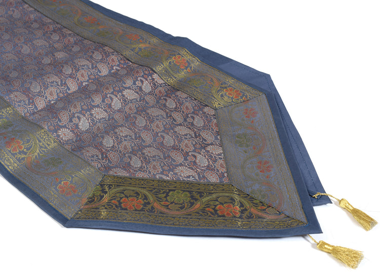Gray Indian Banarasi Silk Brocade Paisley Table Runner Dining Decor Cloth