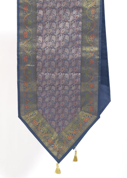 Gray Table Runner Dining Decor Indian Banarasi Silk Brocade Paisley Gift Cloth