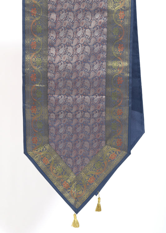 Gray Table Runner Dining Decor Indian Banarasi Silk Brocade Paisley Gift Cloth