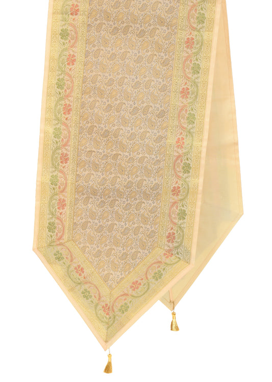 Cream Table Runner Indian Banarasi Silk Brocade Paisley Dining Decor Cloth