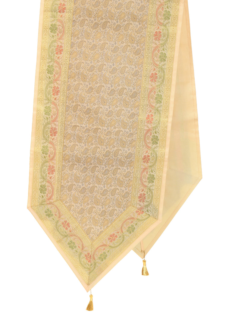 Cream Indian Banarasi Silk Brocade Paisley Table Runner Dining Decor Cloth