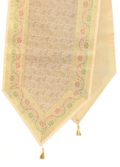 Cream Table Runner Indian Banarasi Silk Brocade Paisley Dining Decor Cloth