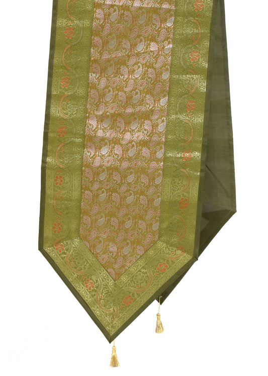 Green Indian Table Runner Banarasi Silk Brocade Paisley Dining Decor Cloth