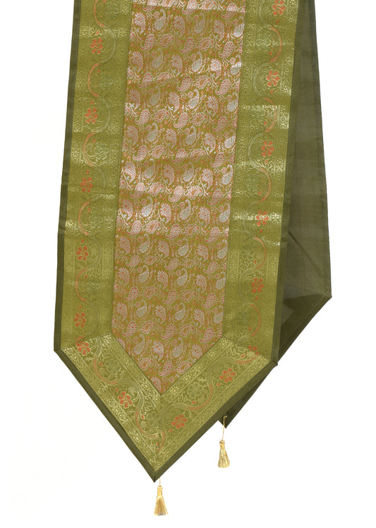 Green Indian Banarasi Silk Brocade Paisley Table Runner Dining Decor Cloth