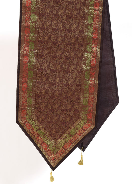 Brown Indian Banarasi Silk Brocade Paisley Table Runner Dining Decor Cloth