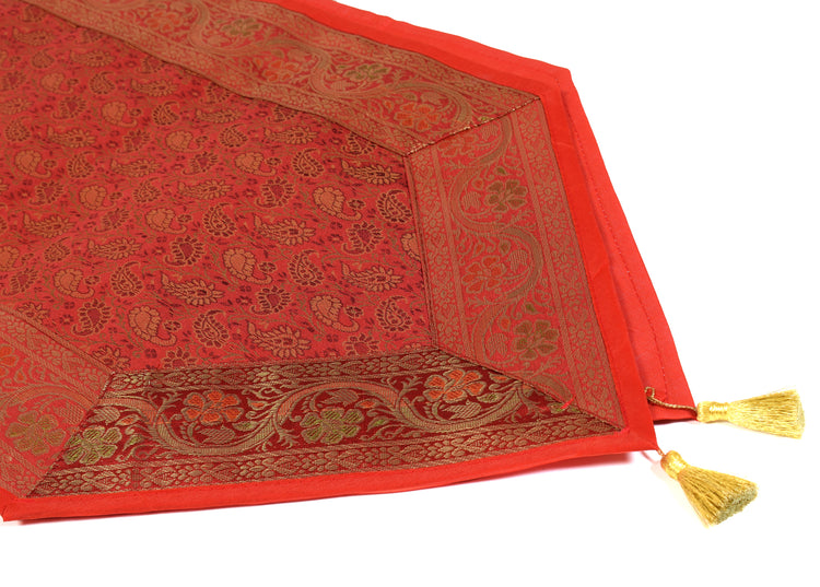 Red Maroon Indian Banarasi Silk Brocade Paisley Table Runner Dining Decor Cloth