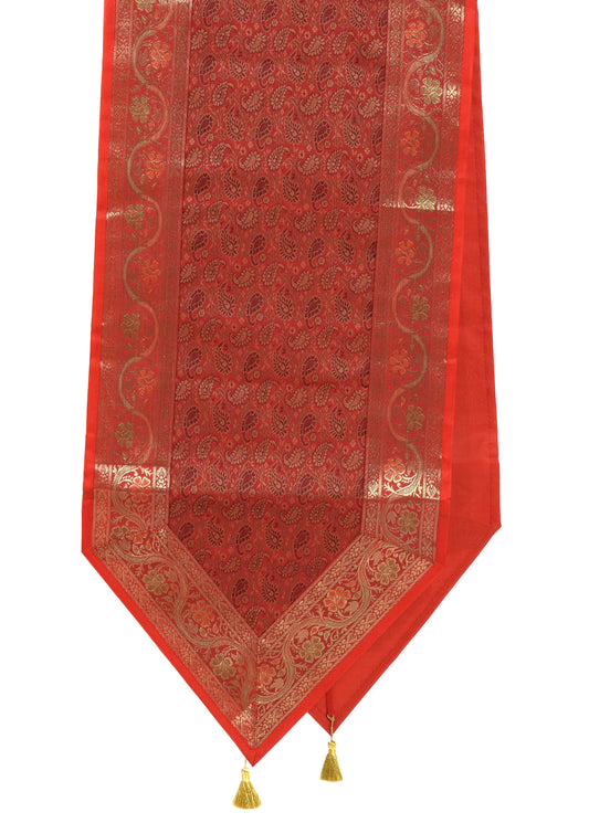 Red Maroon Indian Banarasi Silk Brocade Paisley Table Runner Dining Decor Cloth