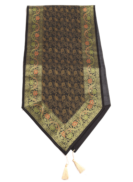 Black Indian Banarasi Silk Brocade Paisley Table Runner Dining Decor Cloth
