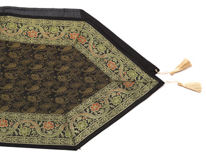 Black Indian Banarasi Silk Brocade Paisley Table Runner Dining Decor Cloth
