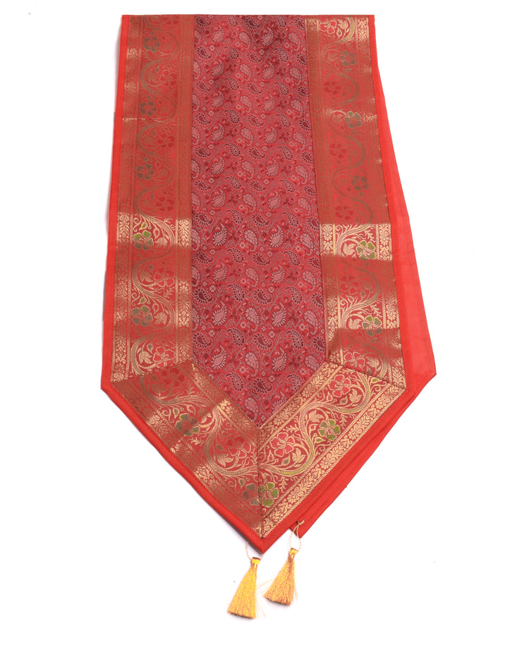 Maroon Indian Banarasi Silk Brocade Paisley Table Runner Dining Decor Cloth