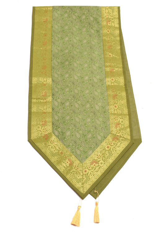 Table Runner Dining Decor Green Indian Banarasi Silk Brocade Paisley Cloth