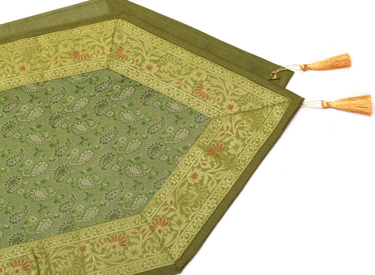 Table Runner Dining Decor Green Indian Banarasi Silk Brocade Paisley Cloth