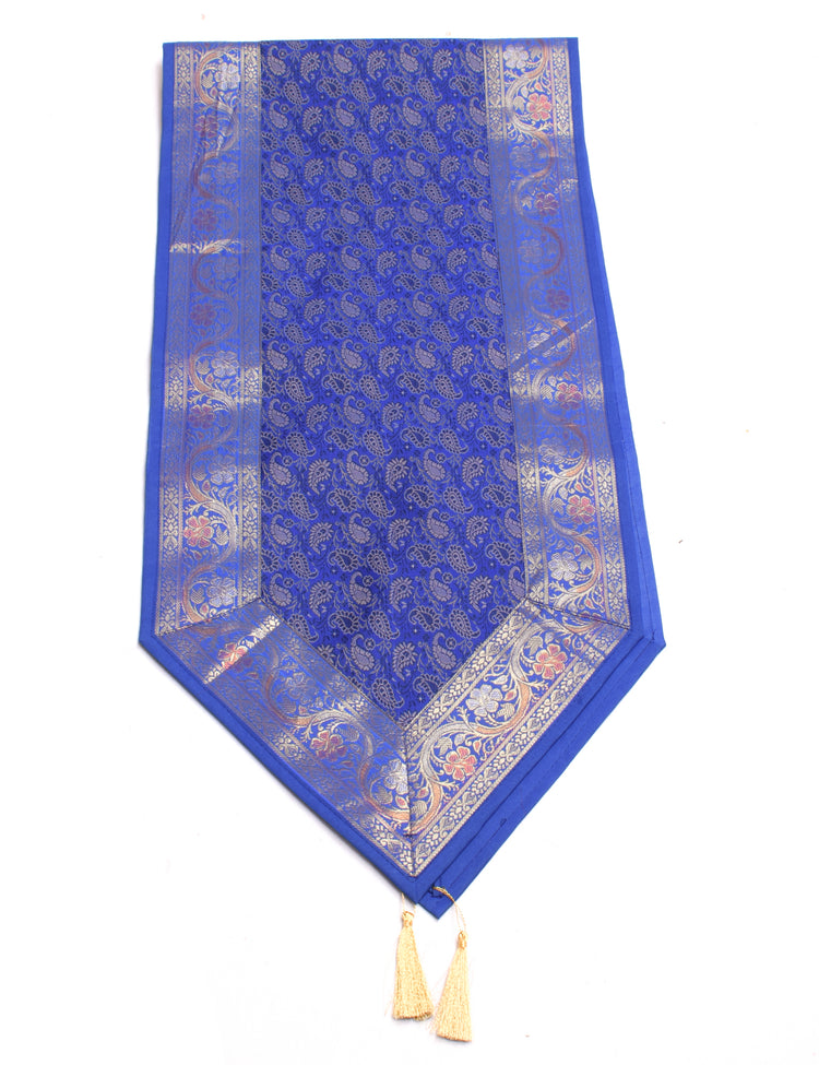 Blue Indian Banarasi Silk Brocade Paisley Table Runner Dining Decor Cloth